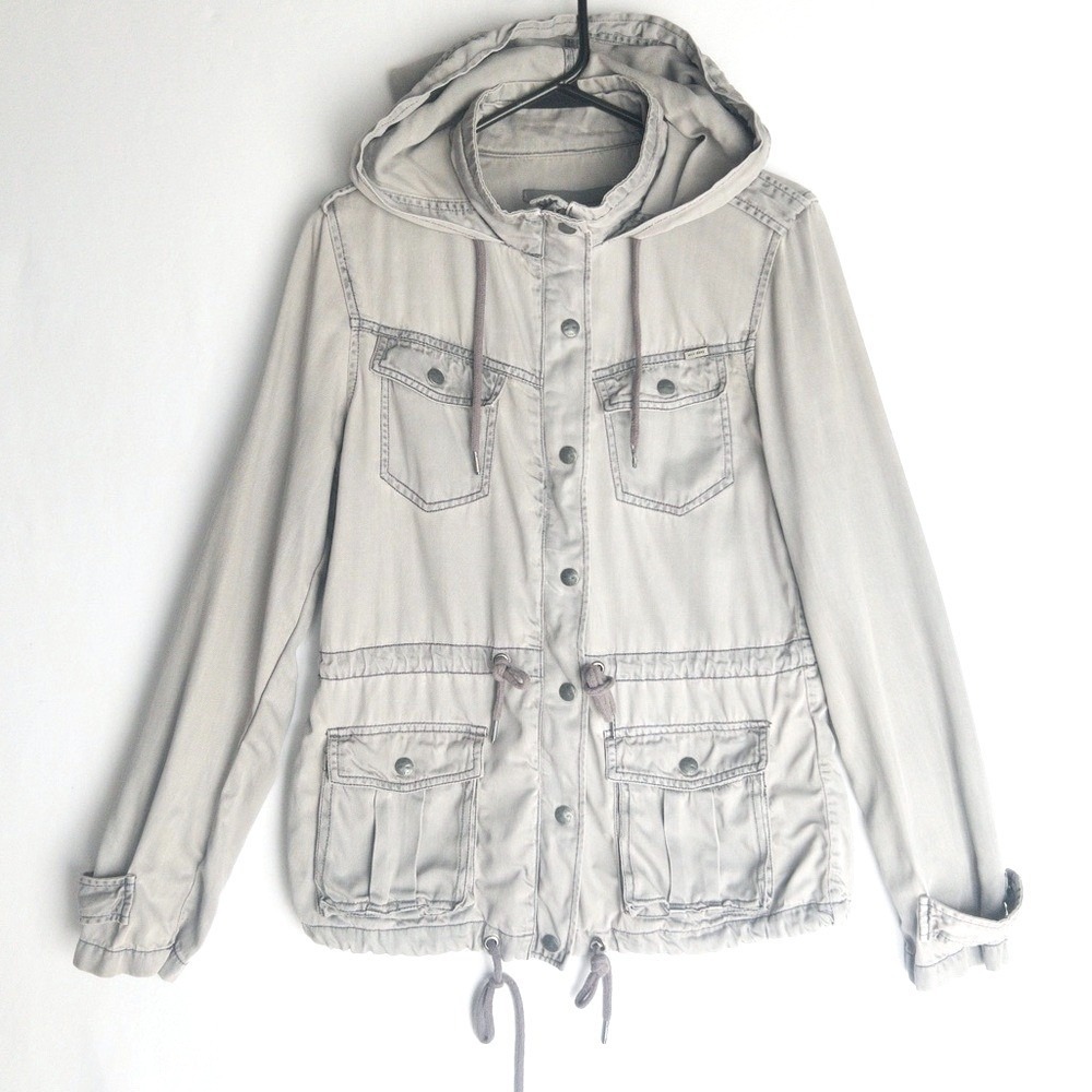 Max Jeans Utility Anorak Jacket Womens S Hooded Gray Tencel Chambray Cargo $120